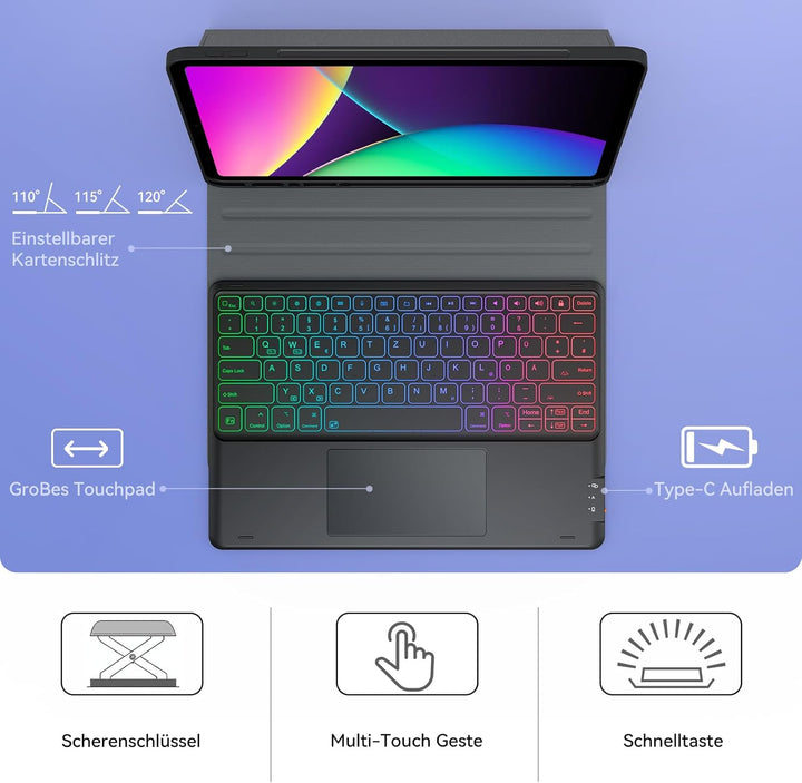 Earto iPad Pro 12.9 Tastatur 2022, DIY 3-Zone Beleuchtung mit 7 Farben, Hülle mit Tastatur mit Touch