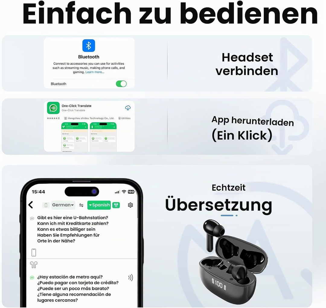 AI Kopfhörer Übersetzer, 3-in-1 Sprachübersetzer Kopfhörer 150+ Sprachen mit App, 6 Übersetzungsmodi