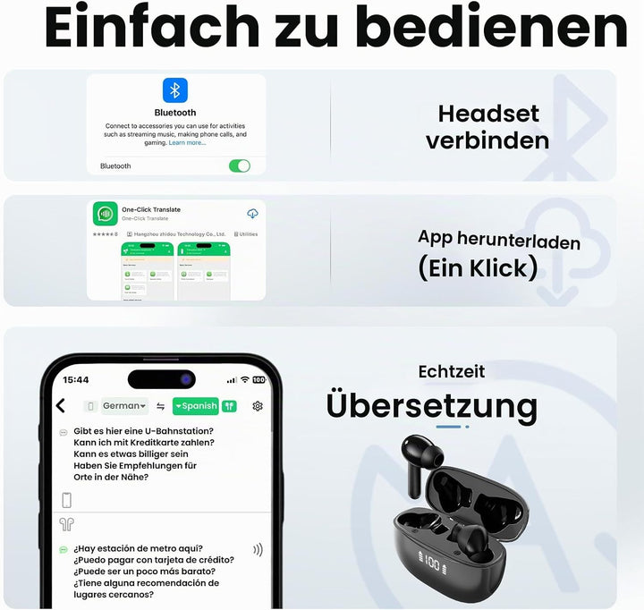 AI Kopfhörer Übersetzer, 3-in-1 Sprachübersetzer Kopfhörer 150+ Sprachen mit App, 6 Übersetzungsmodi