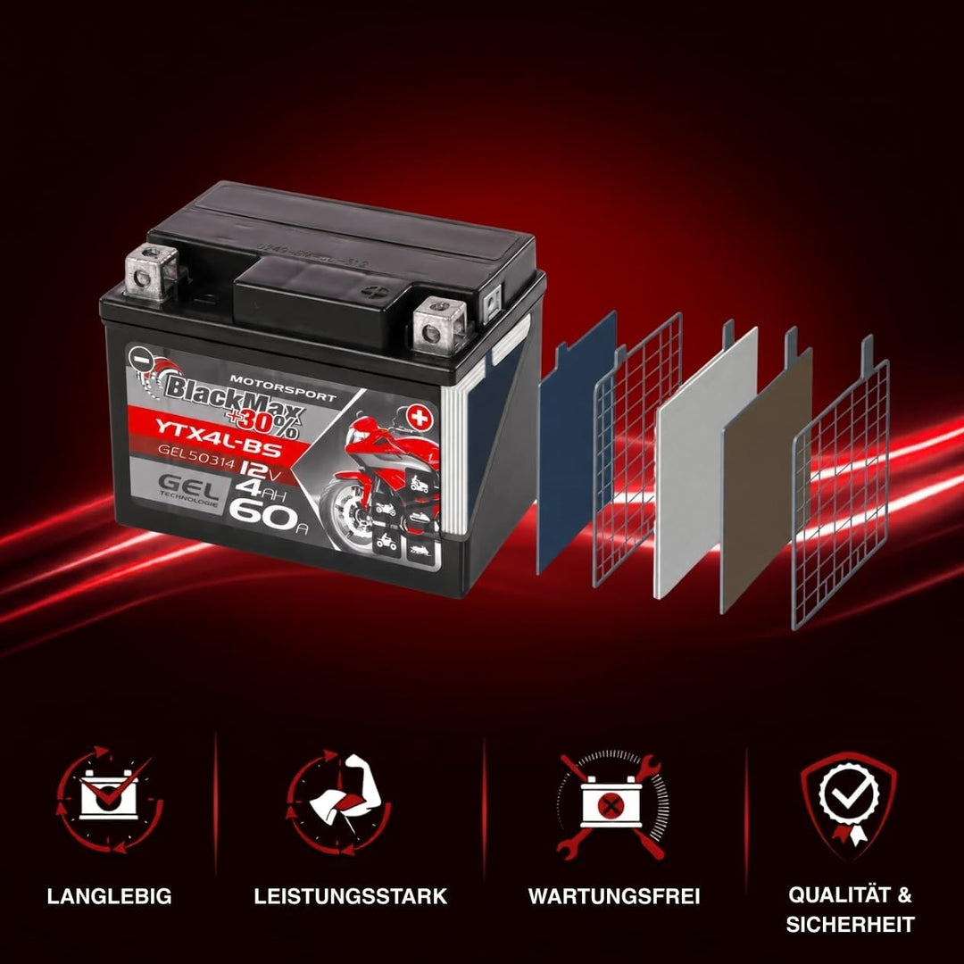 BlackMax CTX4L-BS Motorradbatterie YTX4L-BS GEL 12V 4Ah Roller Batterie 50314 4Ah - 65A, 4Ah - 65A