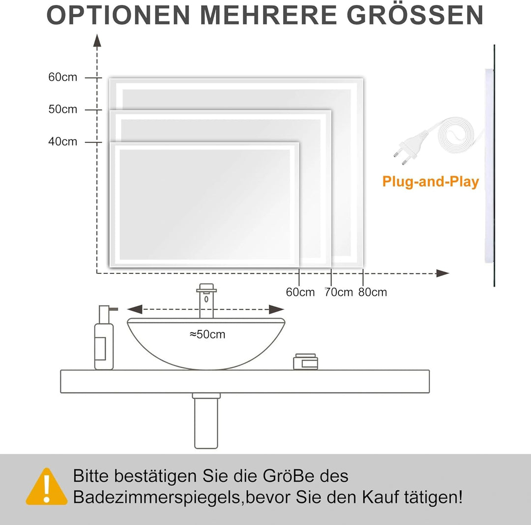 LED Badspiegel mit Beleuchtung, Spiegel mit Licht fürs Bad mit Stecker, Touch-Schalter und Beschlagf