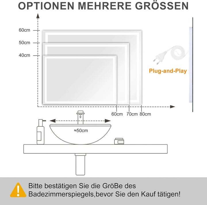 LED Badspiegel mit Beleuchtung, Spiegel mit Licht fürs Bad mit Stecker, Touch-Schalter und Beschlagf