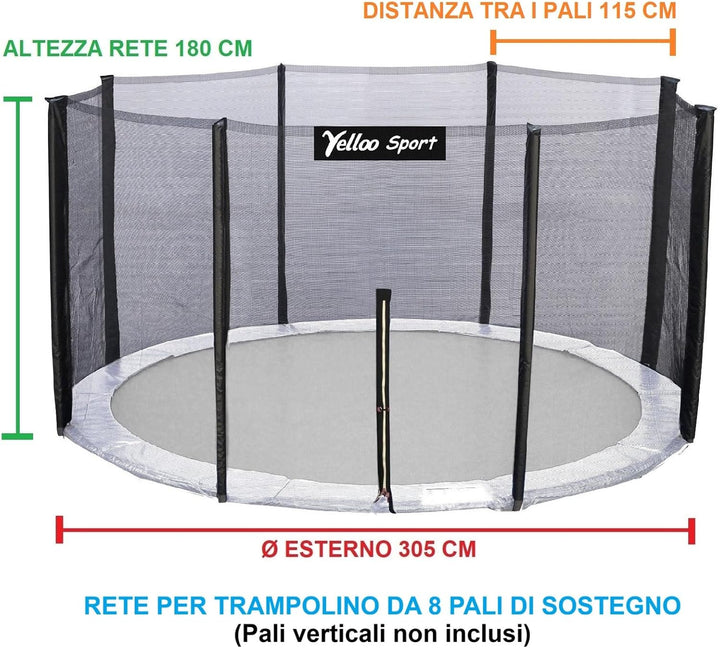 yelloo Ersatz-Trampolin für Sicherheitsnetz 185 245 305 366 427 cm Salto 10 m Netz für Ø 305 cm (8 p