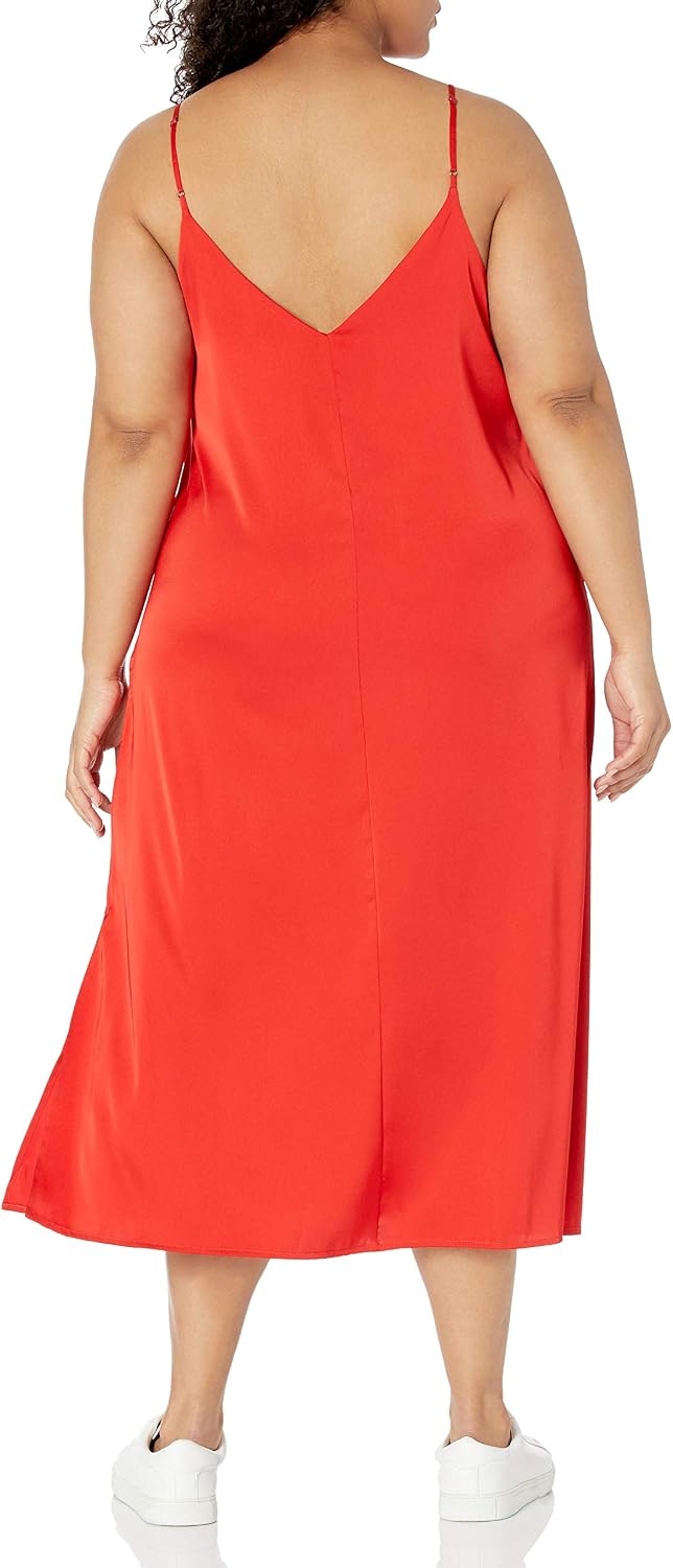 The Drop Damen Ana Silky Midi-Slip-Kleid mit V-Ausschnitt M Rot, M Rot