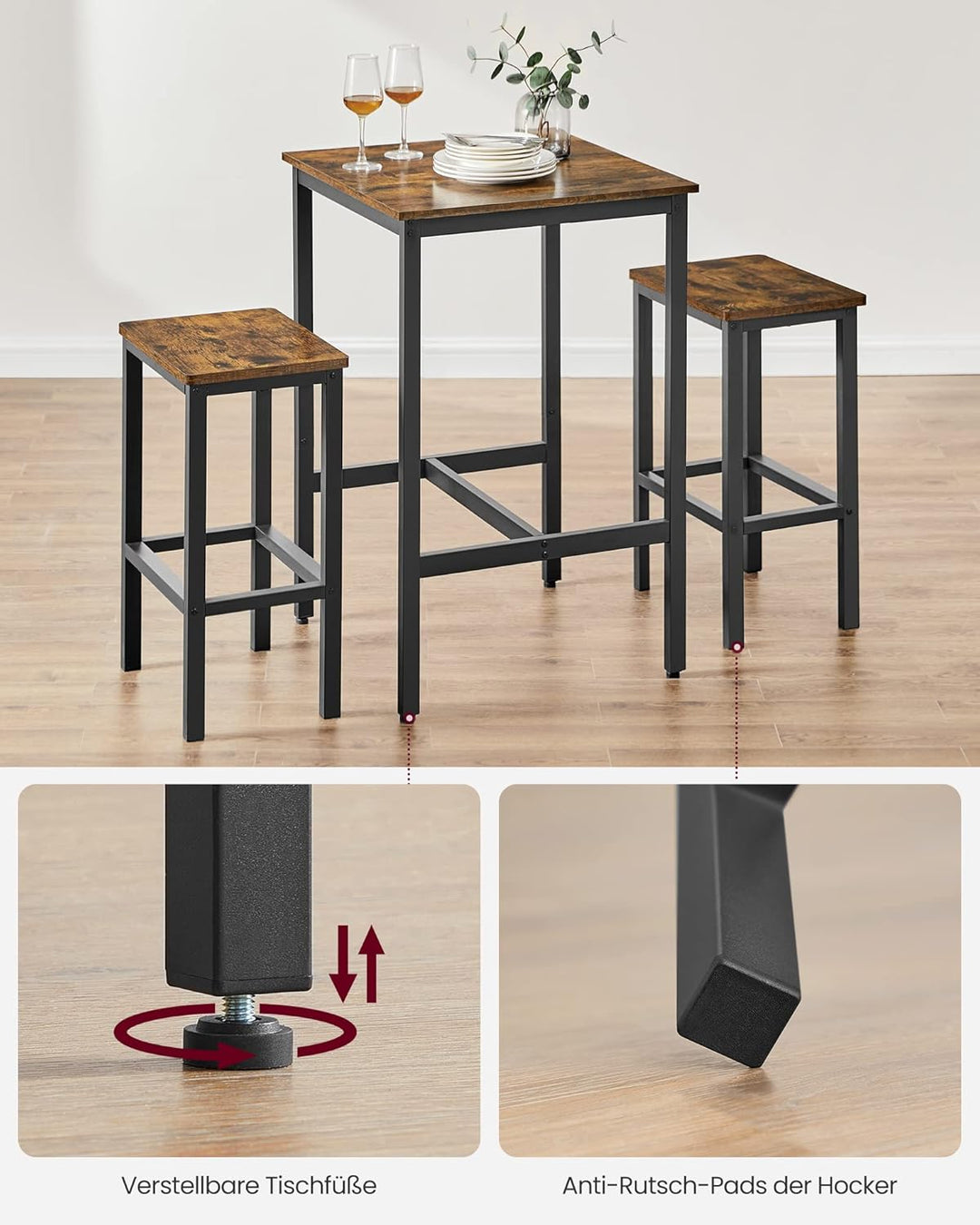VASAGLE Bartisch mit Barhocker-Set, Esstisch mit 2 Stühlen, Küchentisch klein 60 x 60 x 90 cm, Barst