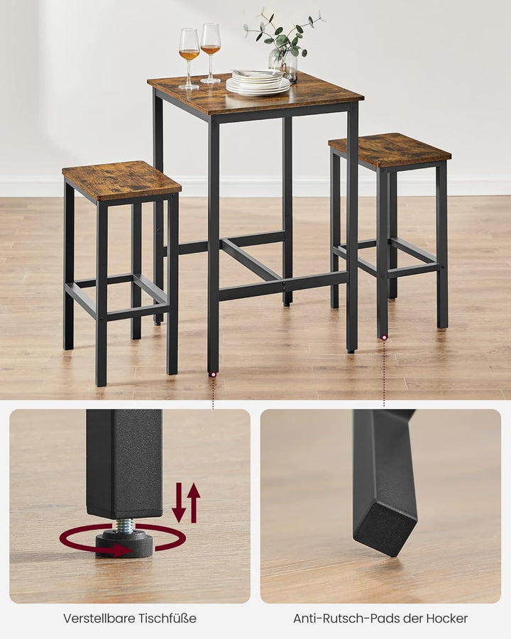 VASAGLE Bartisch mit Barhocker-Set, Esstisch mit 2 Stühlen, Küchentisch klein 60 x 60 x 90 cm, Barst