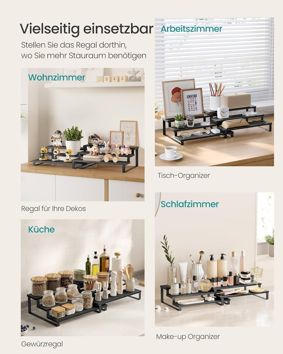 SONGMICS Gewürzregale, Küchenregale stehend, Küchen-Organizer, 2er Set, Holzwerkstoff, je 3 Ablagen,
