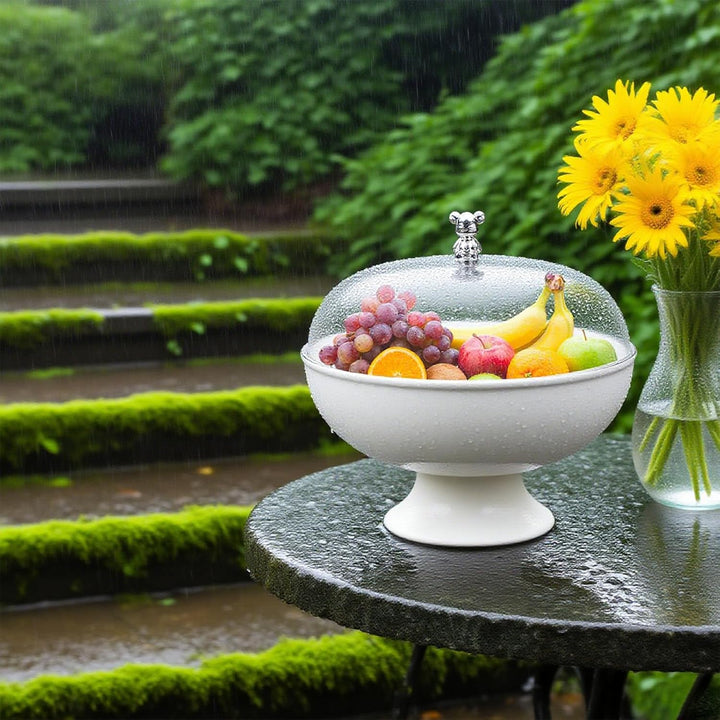 Obstschale mit Deckel und Abtropfeinsatz – Kunststoff Fruchtschale mit Fuss für Tischdeko, Snackscha