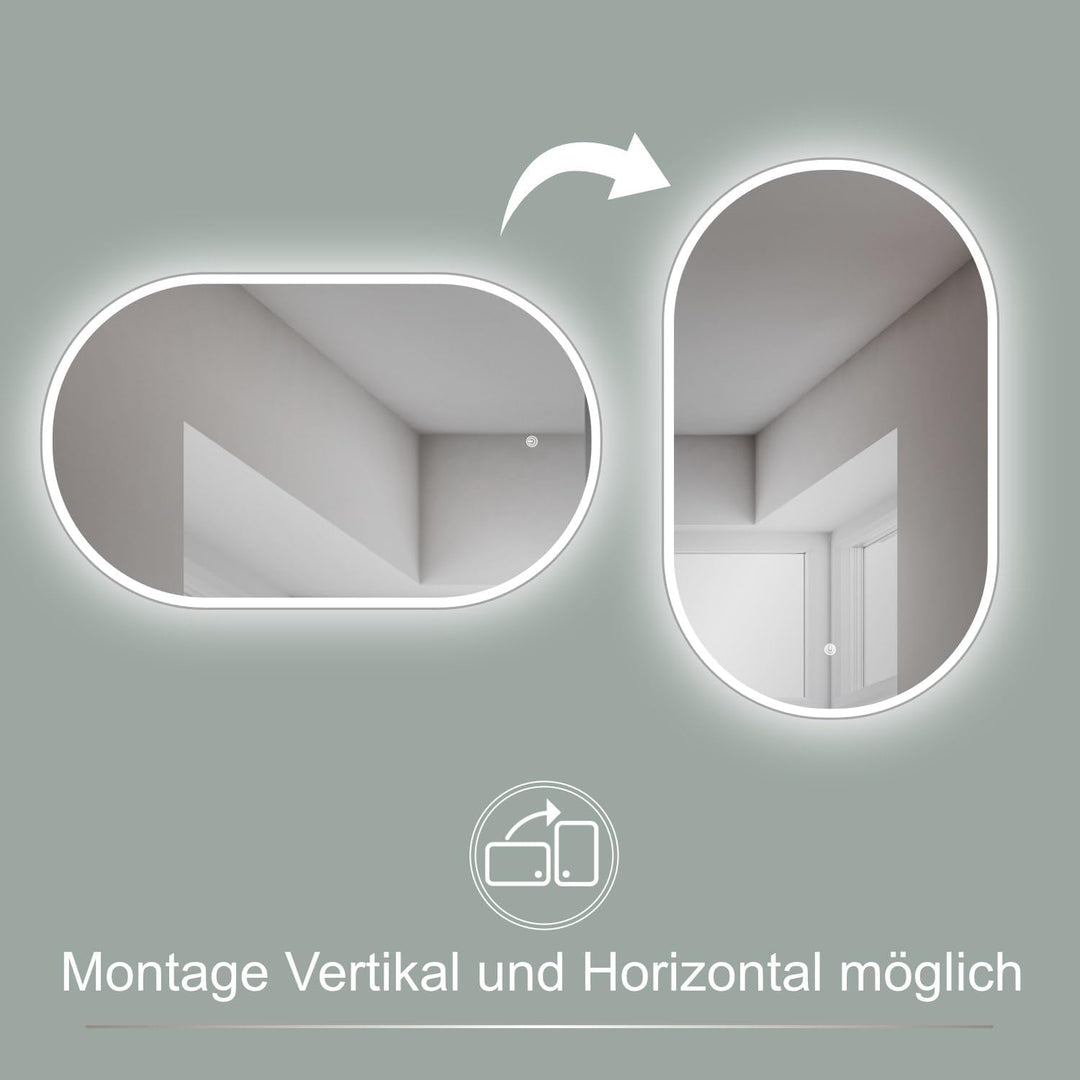 HOKO® LED Design Spiegel oval 45 x 75 cm. HOCH + QUER Montage möglich. Badspiegel LED beleuchtet, au