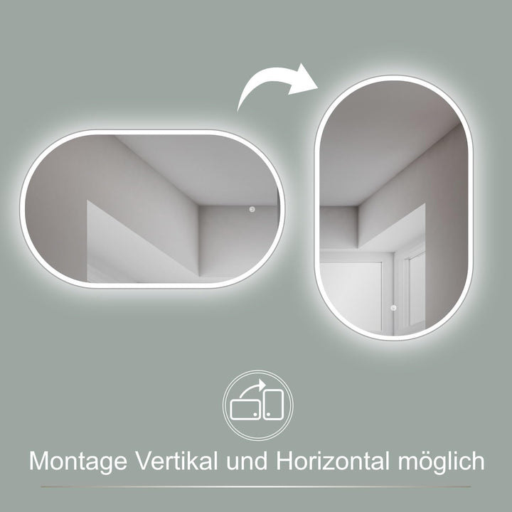 HOKO® LED Design Spiegel oval 45 x 75 cm. HOCH + QUER Montage möglich. Badspiegel LED beleuchtet, au