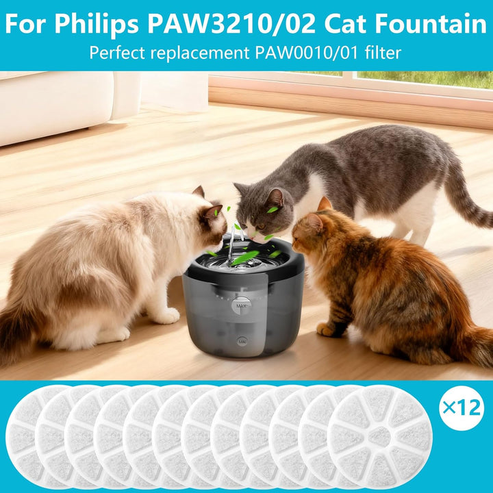 12 Stück Katzenbrunnen Filter für Philips PAW3210/02 Trinkbrunnen,Dreifaches Filtersysteme Aktivkohl