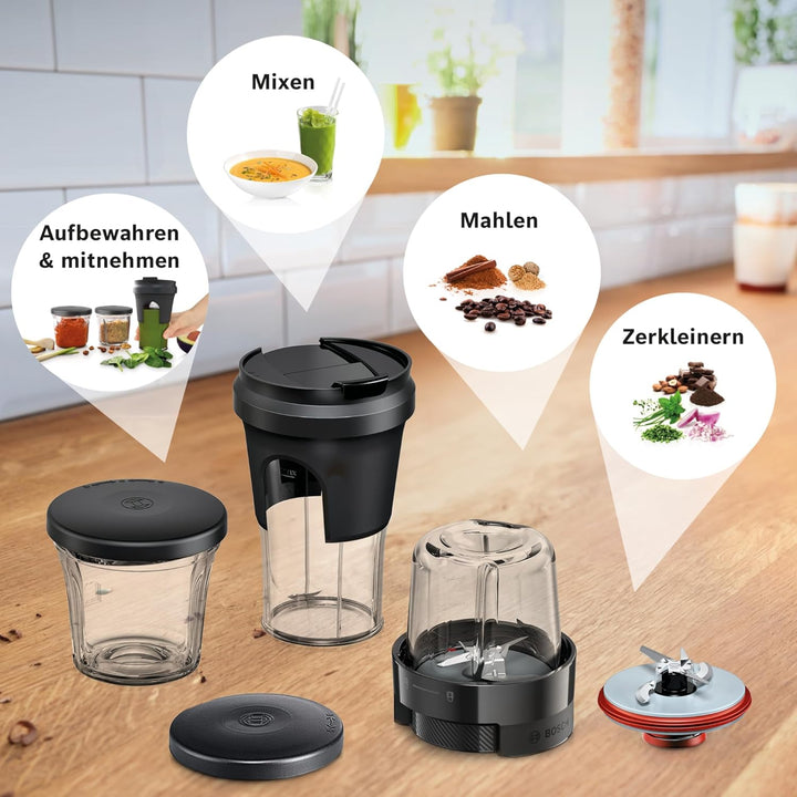 Bosch Multi-Zerkleinerer-Set MUZS68TM, 5-in-1, Mixen, Mahlen, Hacken, Aufbewahren, ToGo-Becher, Zube