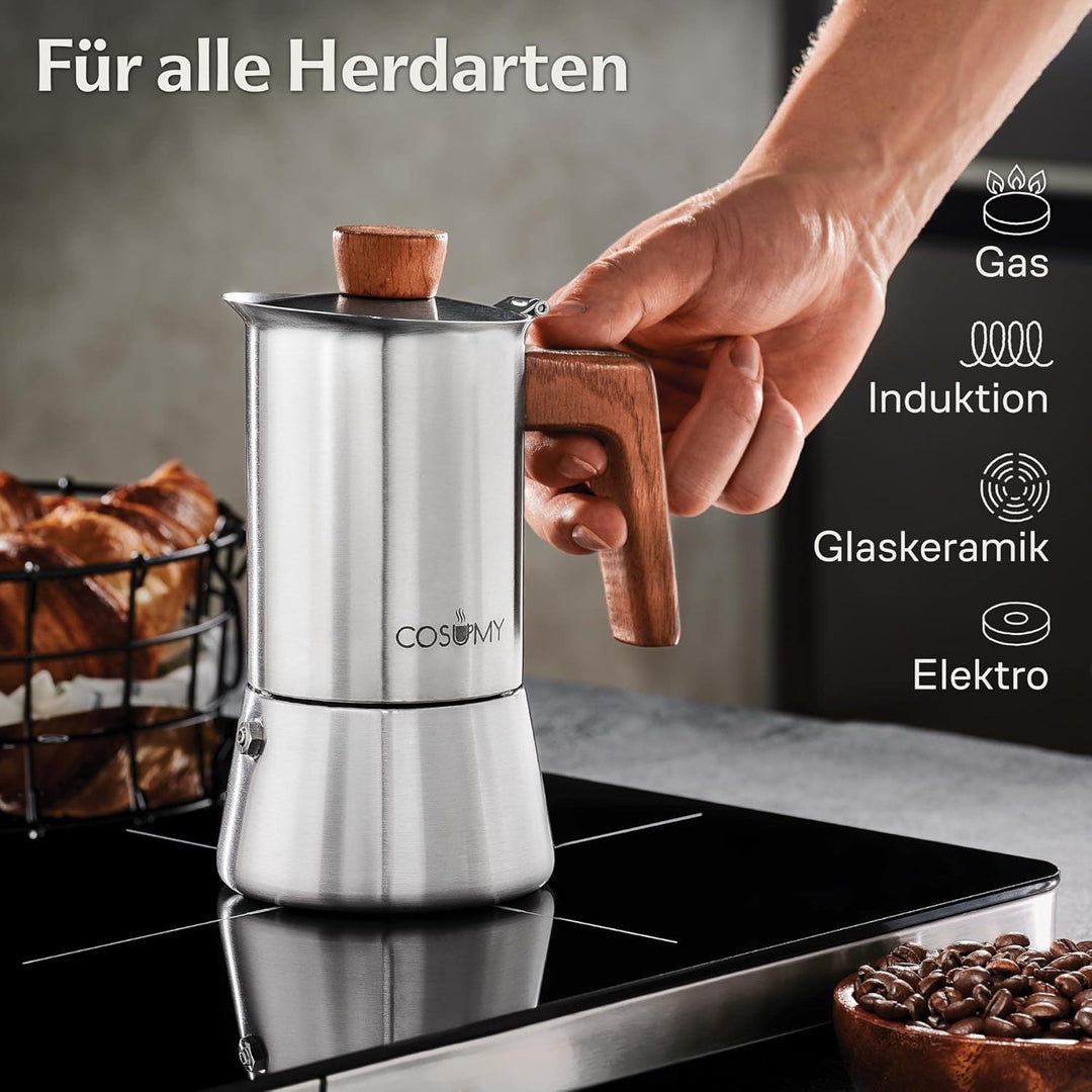 Cosumy Espressokocher Induktion für alle Herdarten geeignet 4 Tassen - Mokkakanne Edelstahl & FSC Ei