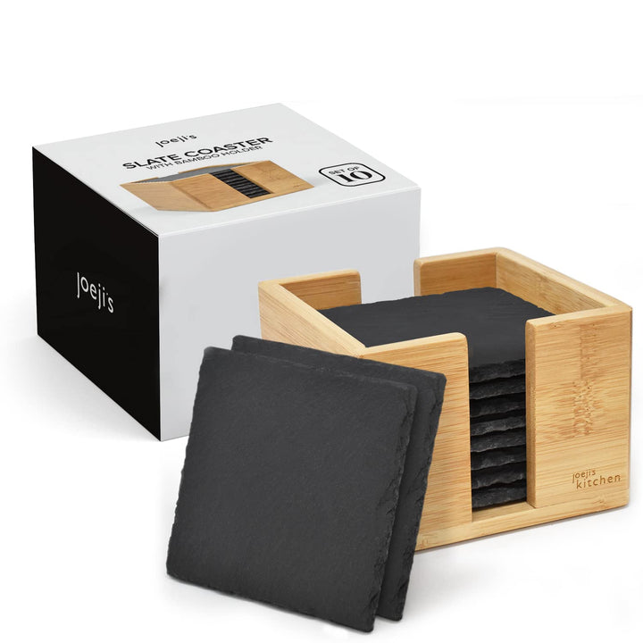 Joeji's Kitchen 10er Set Stein Schiefer Untersetzer für Getränke mit Bambus Halter - Hitzebeständige