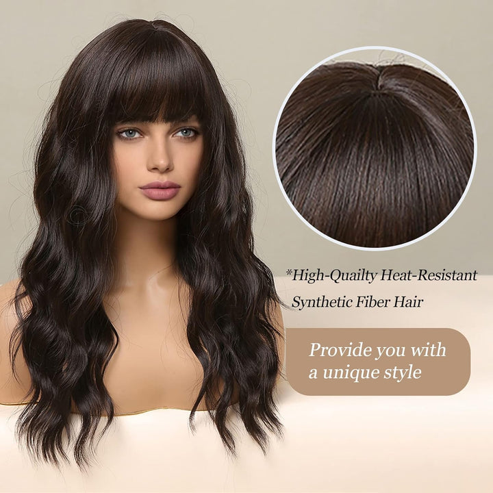 HAIRCUBE Lange lockige Perücken für Frauen dunkelbraune Perücken synthetische Perücke mit Pony -Hitz