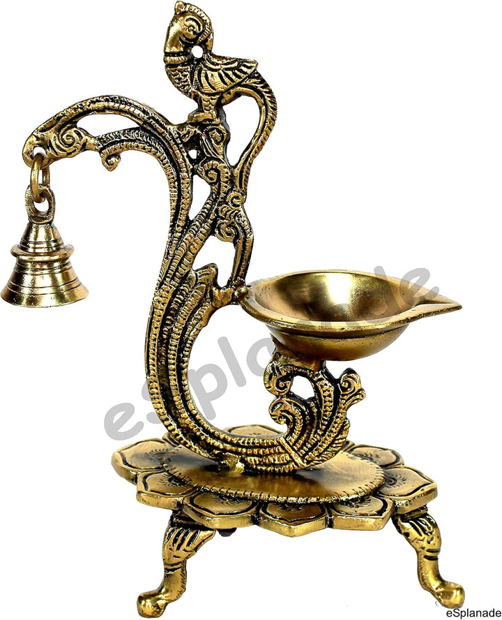 eSplanade Lotos runde Messingdiya-Öllampe für Haus und Büro Peacock Diya mit Bell Golden Peacock Diy