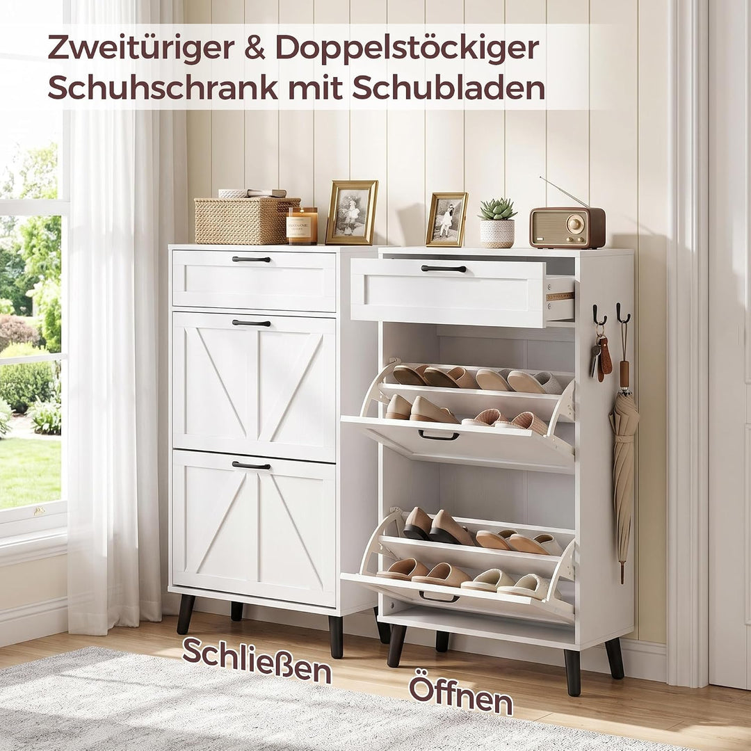 BonVache Schuhschrank schmal, Schuhkipper mit 2 Klappen&Schublade, Schuhregal mit Trennwände verstel