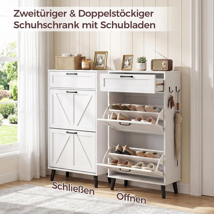 BonVache Schuhschrank schmal, Schuhkipper mit 2 Klappen&Schublade, Schuhregal mit Trennwände verstel
