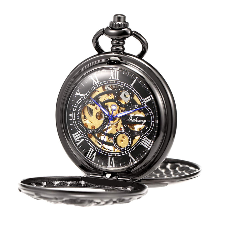 TREEWETO Unisex Taschenuhr mit Kette Analog Handaufzug Doppelscharnier Antik Drache Skelett Bronze 5