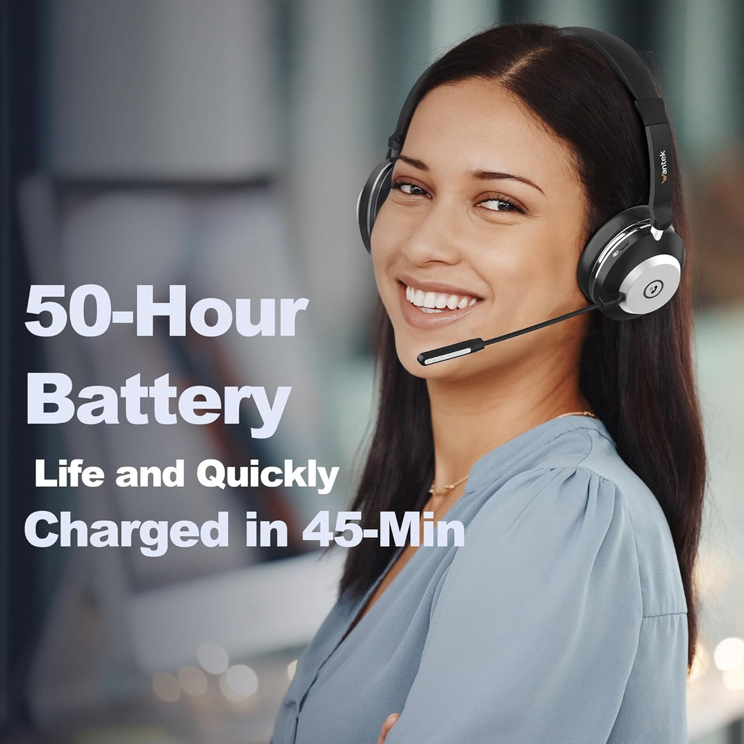 Wantek Kabelloses Headset mit Mikrofon, Bluetooth Headset mit Ladestation, Wireless Kabelloses Headp