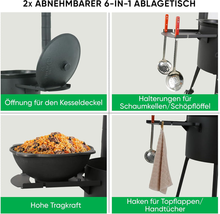 Utschak Feuerofen Ø 44 cm für Kazan Wok 16L | Uchag mit Adapter-Ringe Eckig Griffen, Ablagetisch | У