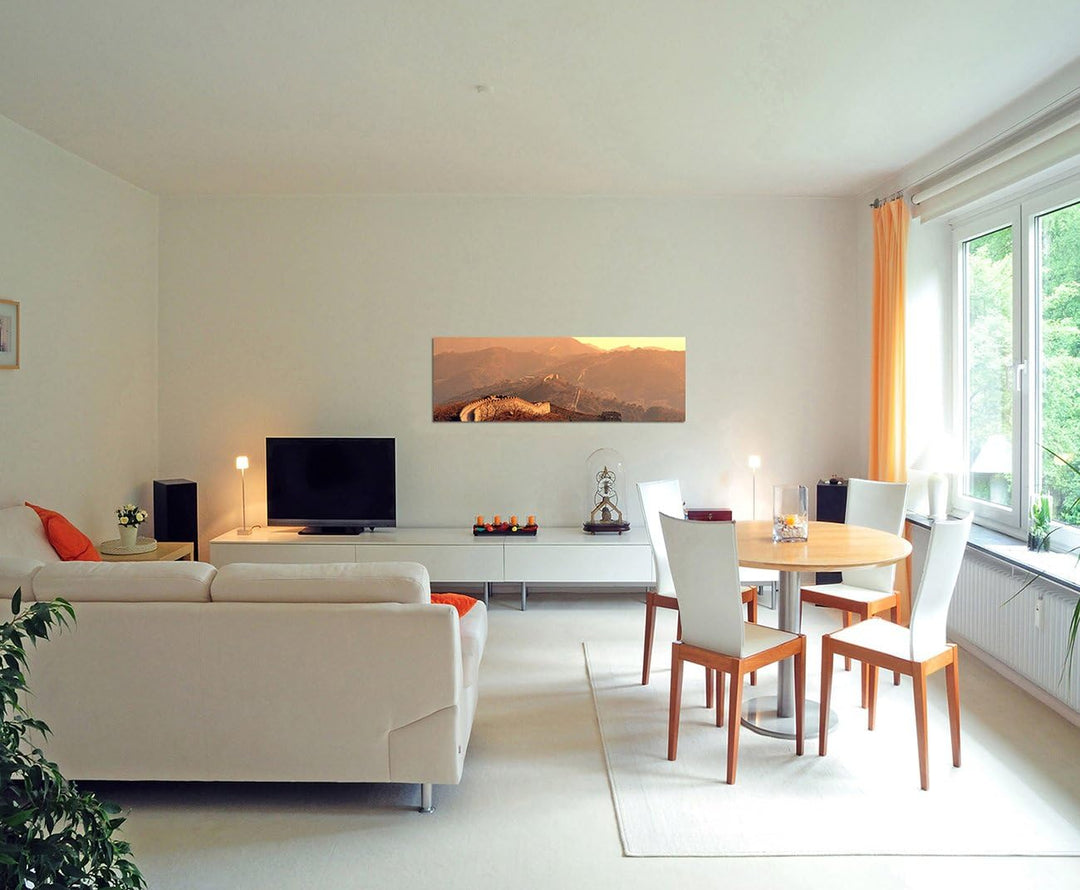 Paul Sinus Art Panoramabild auf Leinwand und Keilrahmen 150x50cm China Mauer Berge Sonnenaufgang Nat