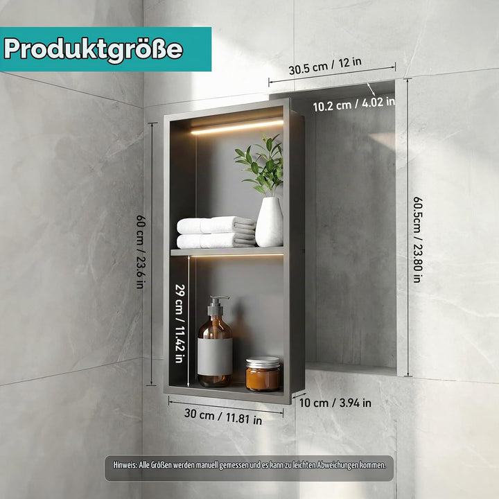 Zyncove Wandnische Dusche mit LED-Beleuchtung (4000K Warmweiss), 304 Edelstahl Duschnische mit Ablag