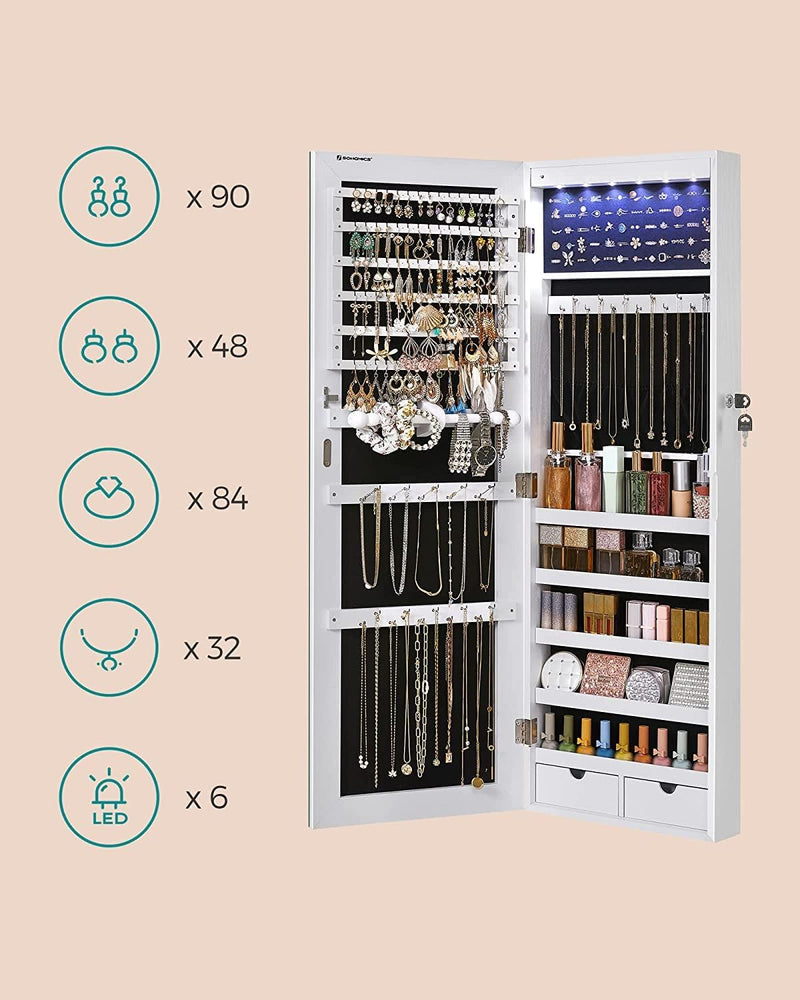 SONGMICS Schmuckschrank hängend, Spiegelschrank mit LED-Innenbeleuchtung, Wandschrank mit Ganzkörper