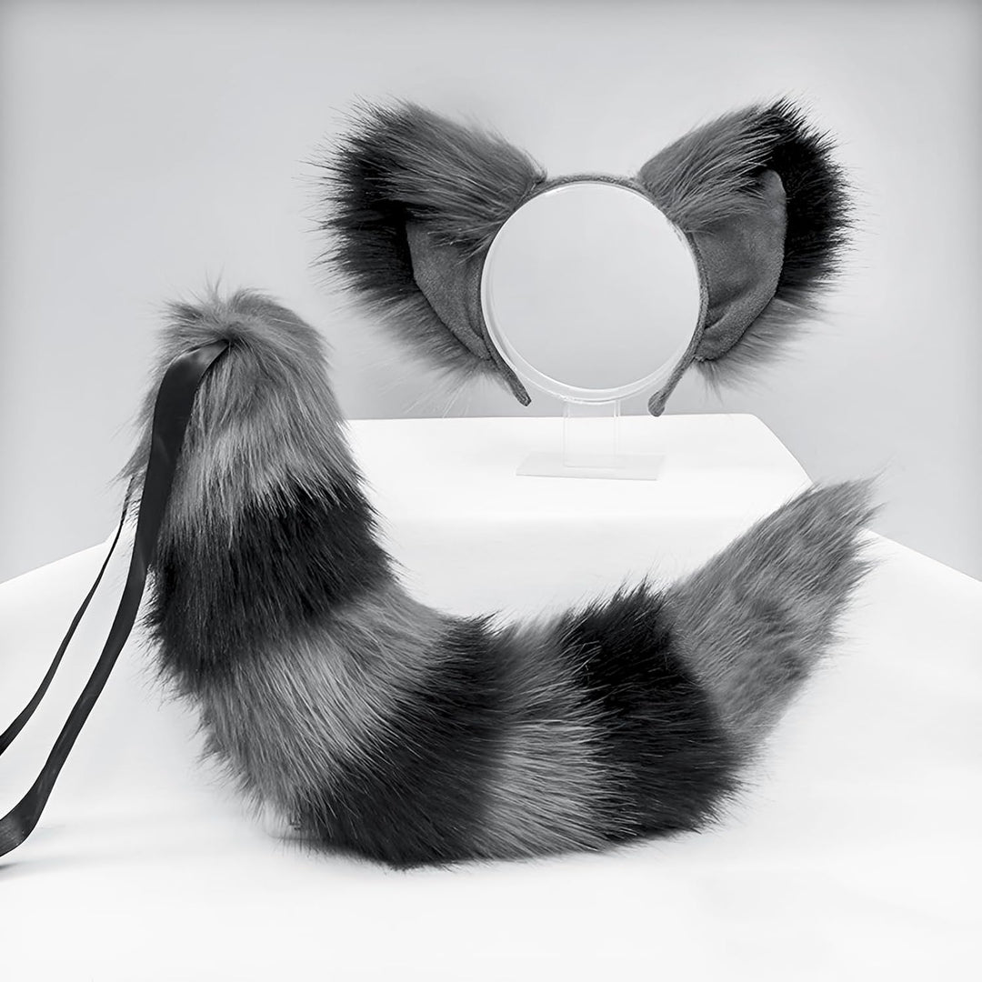 JIAHG Halloween Cosplay Kostüm Fuchs Ohren und Schwanz Set Katze Wolf Waschbär Ohren und Schwanz Set