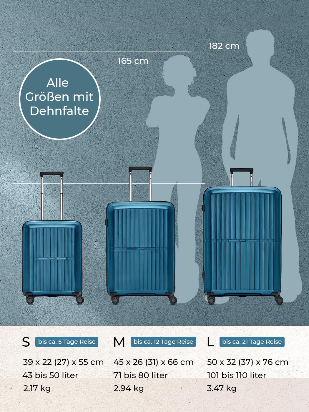 Pactastic Ultra leicht Hartschalen Koffer-Set 3-teilig | Robustes Polypropylen Material | mit Dehnfa