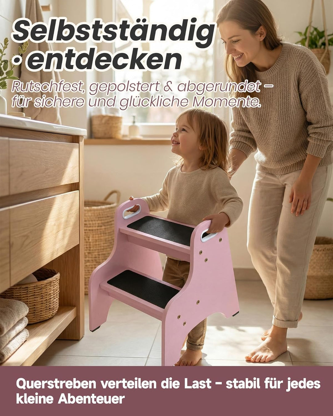 Tritthocker Kinder aus Massivholz – 2 Stufen & rutschfest – Für Bad & Küche – Skandinavisches Design