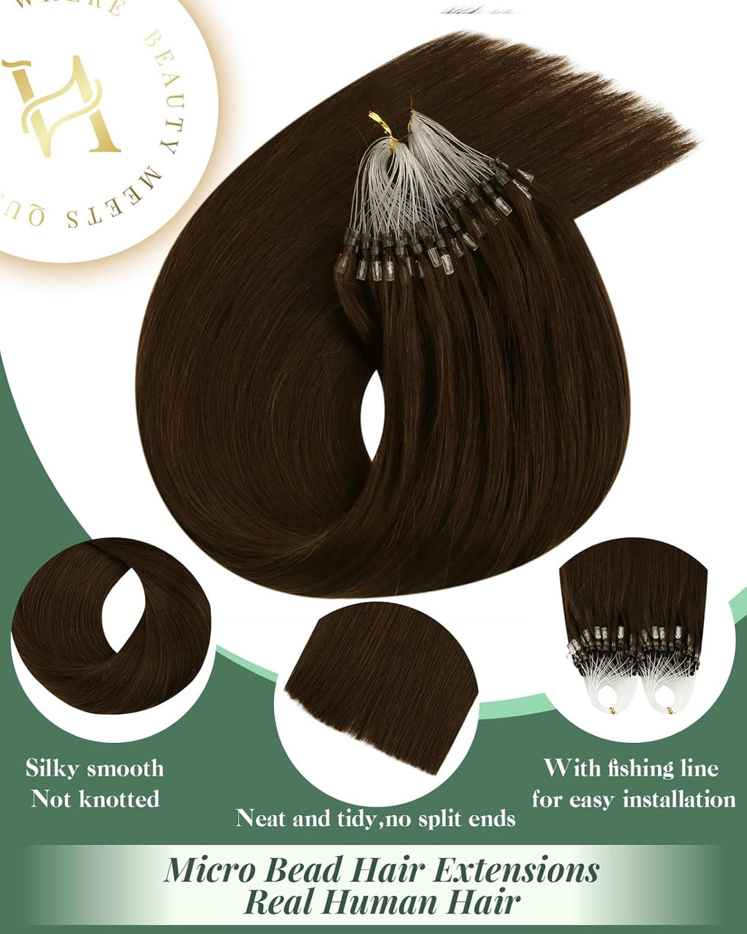 Ugeat 50cm Extensions Echthaar Microrings Haarverlängerung Echthaar Bonding Dunkelbraun 50Strähnen M