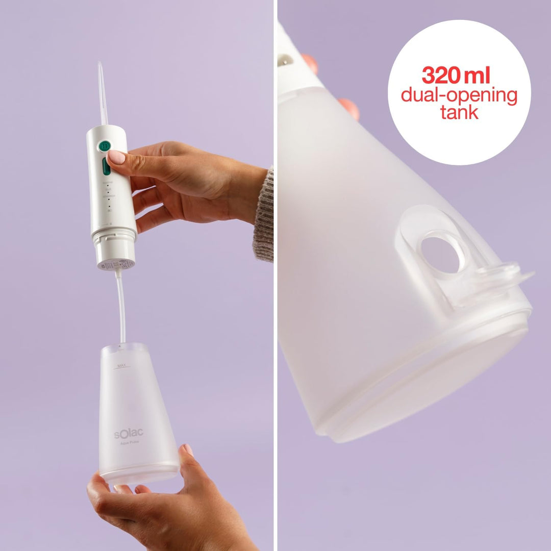 Solac – Munddusche Aqua Pulse, 320ml Tank, 120 Impulse/Min, 3 Druckstufen, Wiederaufladbarer Akku, 3