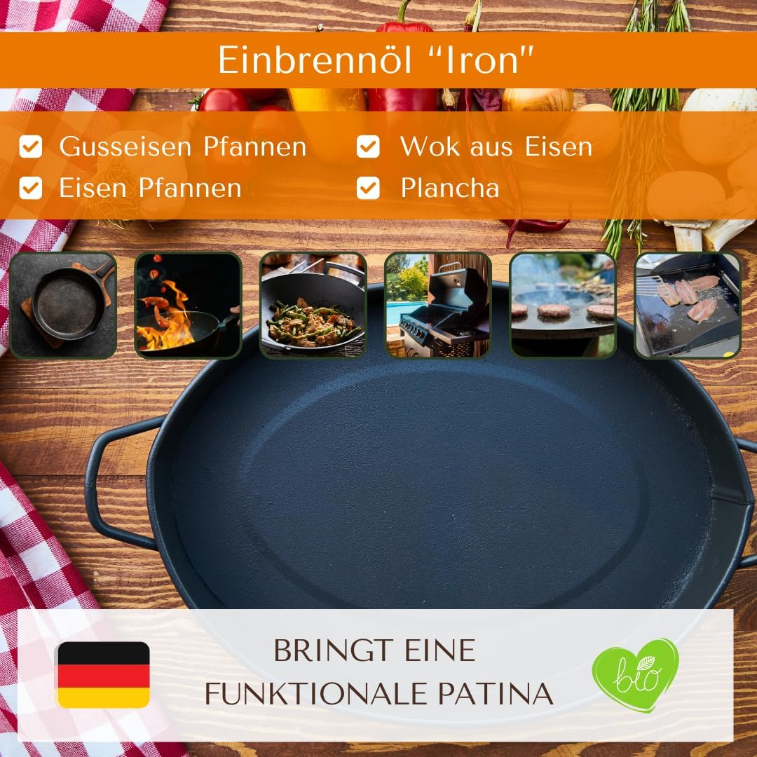 BIO Einbrennöl „Iron“ - Premium Einbrenn und Pflegepaste - 100% natürliches Einbrenn-Öl für Eisen- u