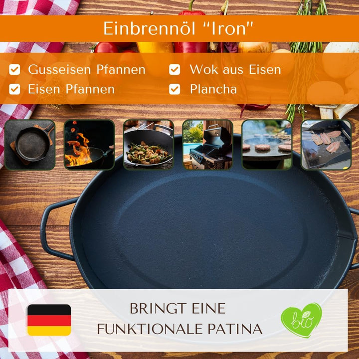 BIO Einbrennöl „Iron“ - Premium Einbrenn und Pflegepaste - 100% natürliches Einbrenn-Öl für Eisen- u