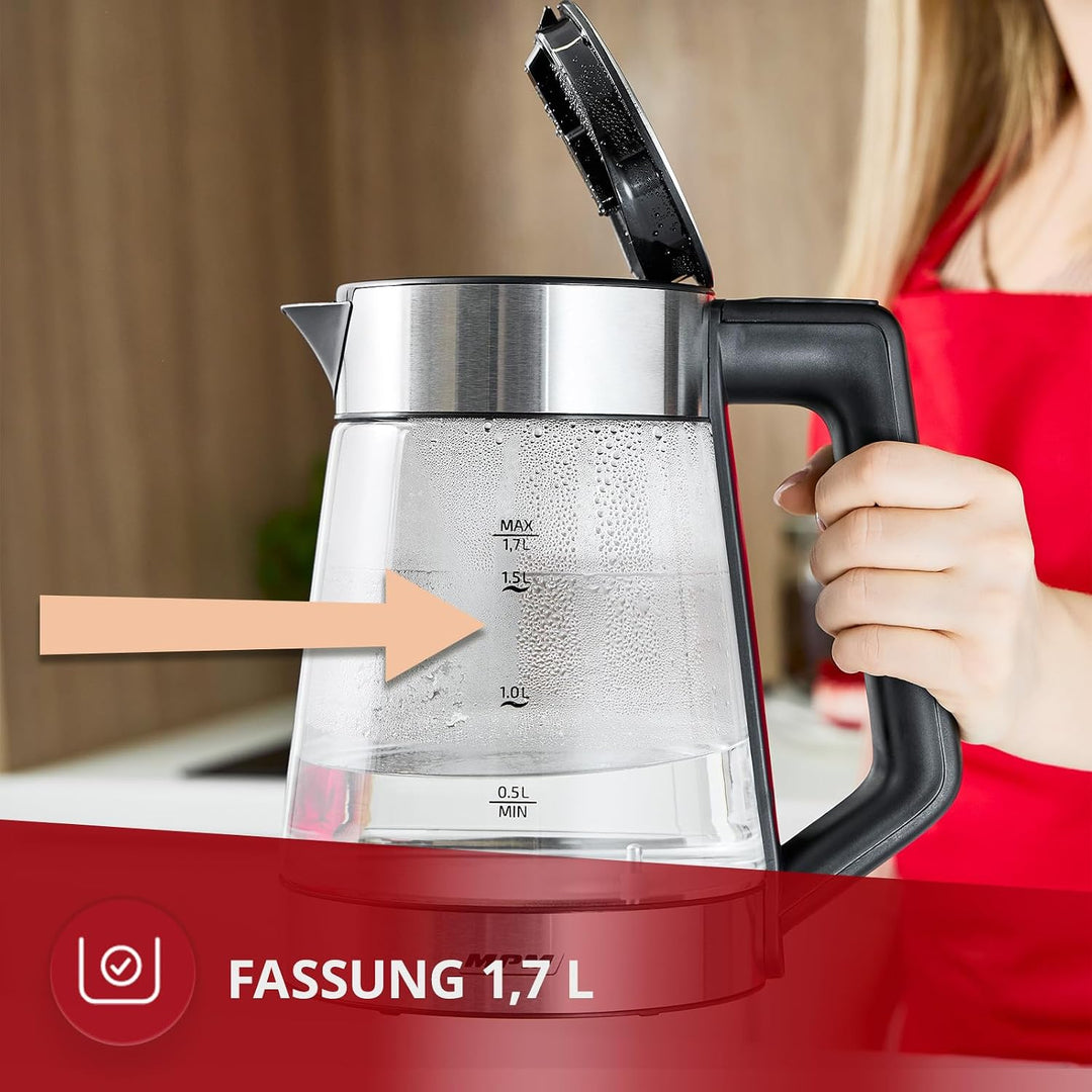 MPM MCZ-116 Wasserkocher 1,7L mit LED-Beleuchtung 2200W, Temperaturregelung 50-100°C, Glas- und Edel