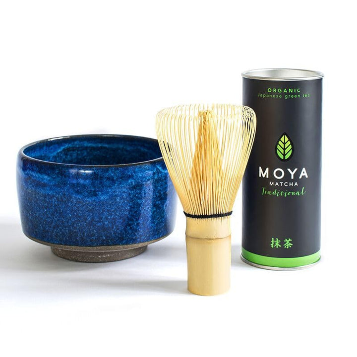 Organischer Moya Matcha Tee Set Pulver Grün | BIO 30g Traditionelle Klasse (II) | Verpackung + blaue