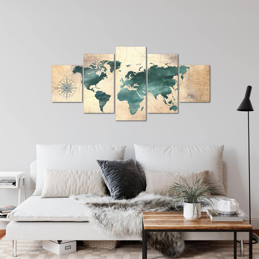 Runa Art Wandbilder Weltkarte 5 Teilig Bild auf Vlies Leinwand Deko Büro Wohnzimmer Steinoptik Beige