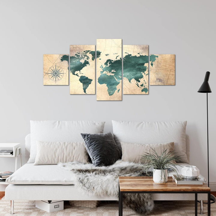 Runa Art Wandbilder Weltkarte 5 Teilig Bild auf Vlies Leinwand Deko Büro Wohnzimmer Steinoptik Beige