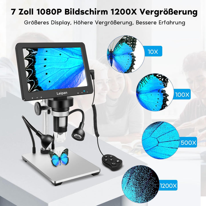 Leipan 7" LCD Digital Mikroskop, 1200X, 12MP, 1080P Video, 12 Objektträger, kabelgebundene Fernbedie