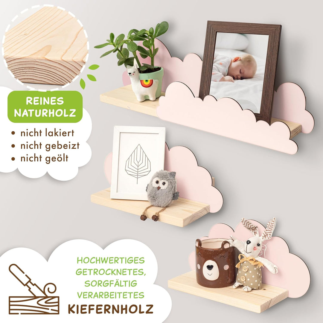 Outentin Wandregal Wolke aus Holz – 3er Set Kinderregal für Kinderzimmer & Babyzimmer – Handgefertig