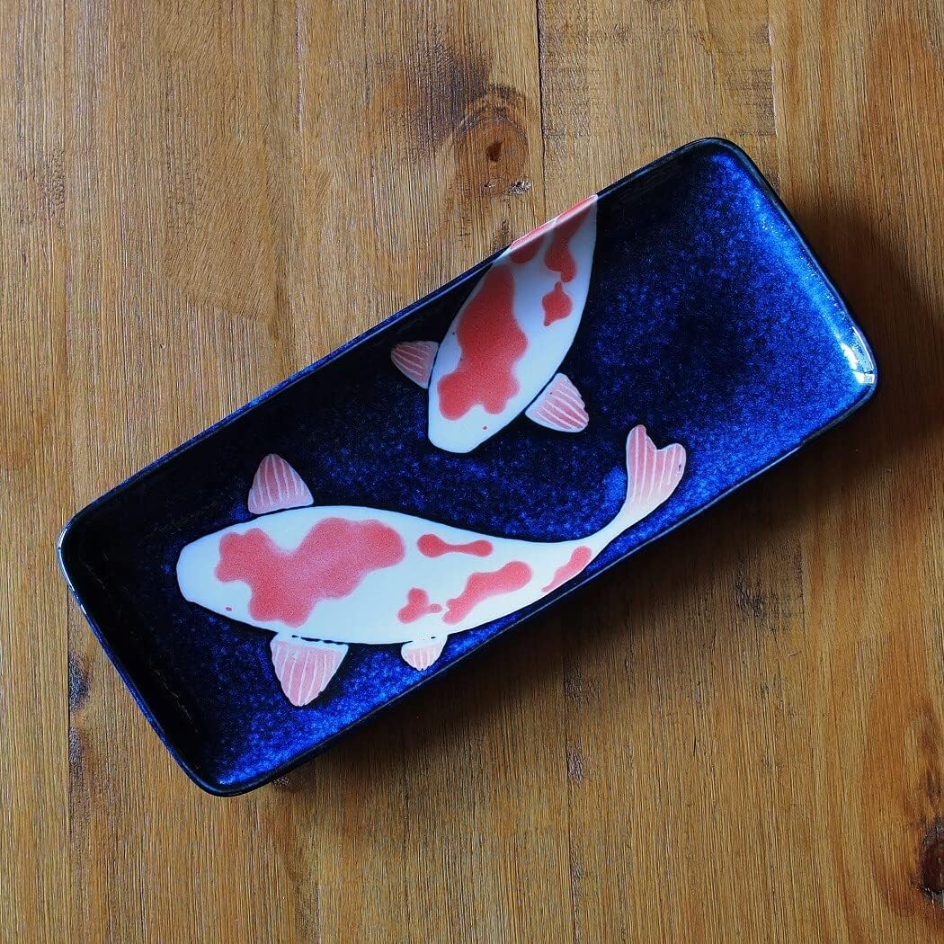 Japanischer Mino-Yaki-Keramik-Sushi-Teller, rechteckiger Teller, 29,5 cm, rote Karpfen auf schwarzer