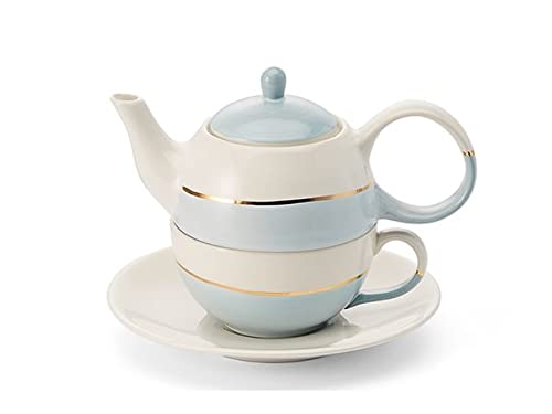 NEU teemando® Tea for one Set "Lieske", blau Keramik mit Goldauflage, 4-teilig Kanne: 0,4 l, Tasse: