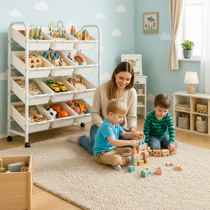 4 Etagen Spielzeugregal mit 12 Boxen,Kinder Organizer Weiss | Mobiler Organizer herausnehmbaren.Idea