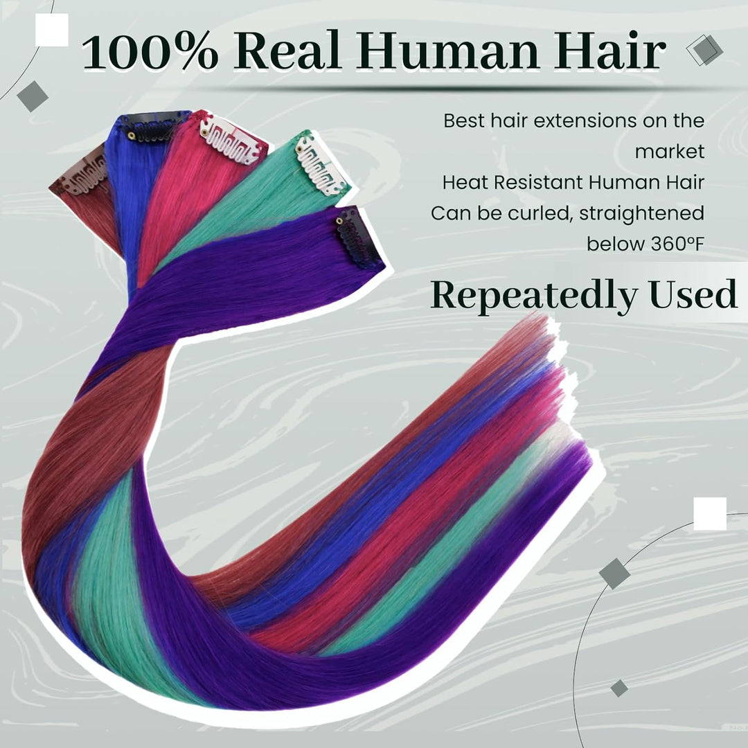 RUNATURE Bunt Haarverlängerung Echthaar Clip Invisible Lang Clip in Extensions 55cm Blau/Rot/Pink/Li