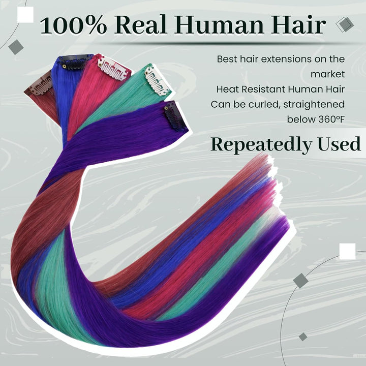 RUNATURE Bunt Haarverlängerung Echthaar Clip Invisible Lang Clip in Extensions 55cm Blau/Rot/Pink/Li