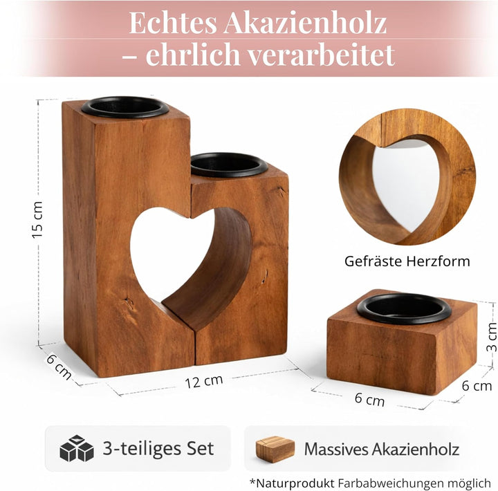 Plogis Herz Teelichthalter Holz - 3er Set aus 15cm Akazie - Kerze Jahrestag Geschenk für Sie - Holzh
