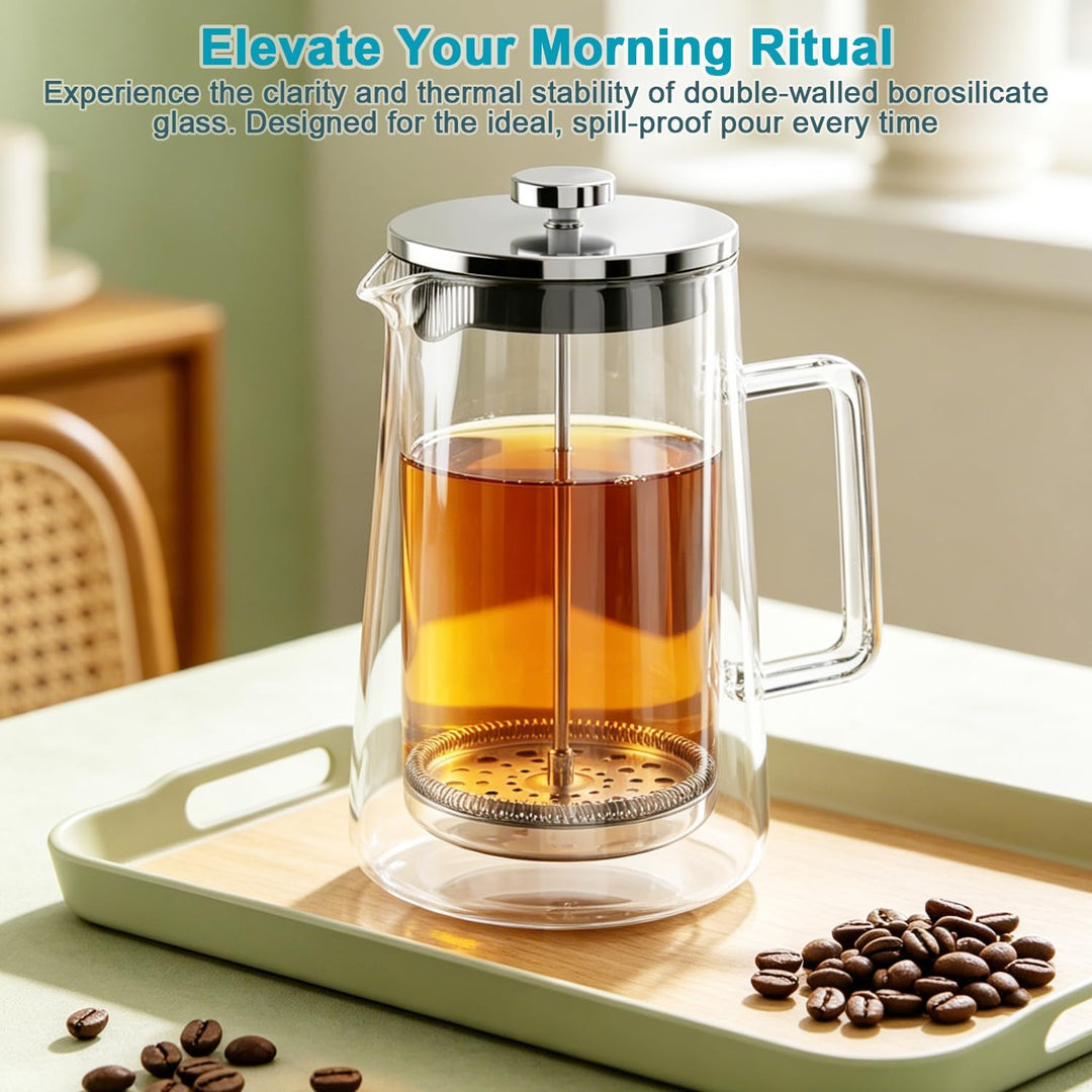 French Press 1 Liter, Grosse Kaffeebereiter, Thermo Doppelwand Design, Kaffeebereiter aus Borosilika