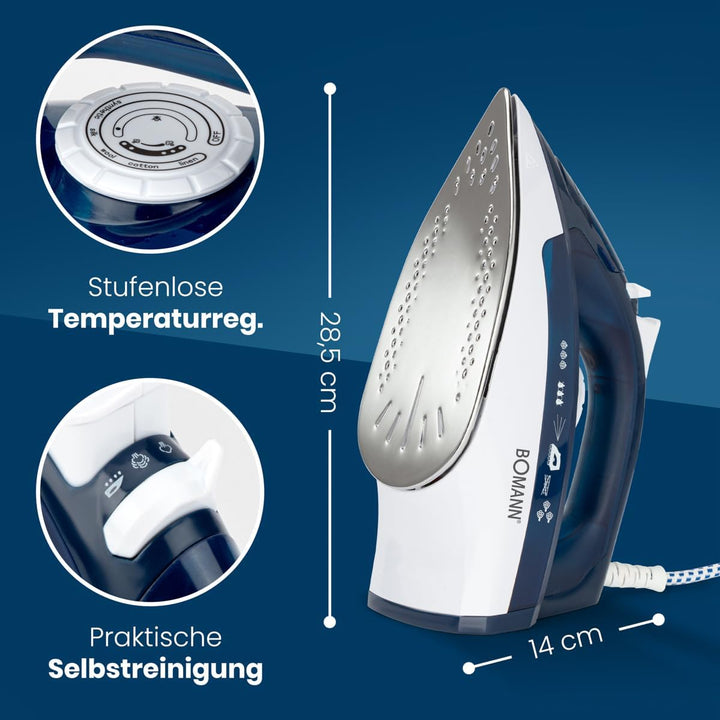 Bomann® Dampfbügeleisen mit Edelstahlspezialsohle | 2200W | Bügeleisen mit Dampf | 250ml Tank | schn