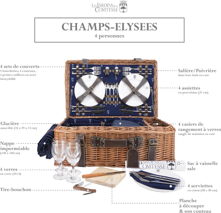 Les Jardins de la Comtesse - Picknick Wicker und Leder Champs-Elysees Blau - Picknickkorb Full / 4 P